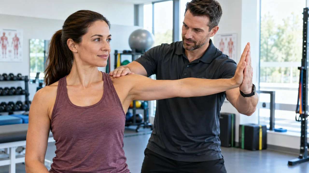 Practitioner holding pressure on a patient's shoulder while she moves her arm through a range of motion