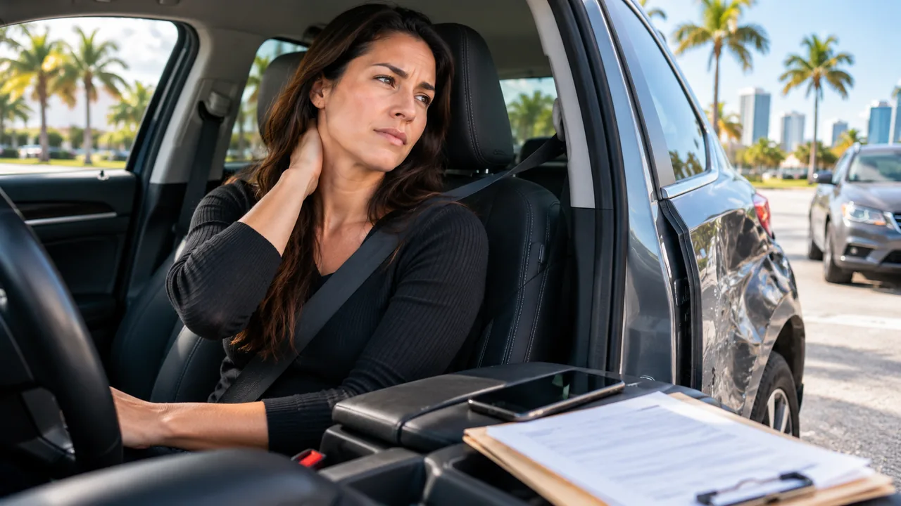 Woman seated in her car after a collision on an Orlando street, holding the back of her neck, with a phone and clipboard beside her
