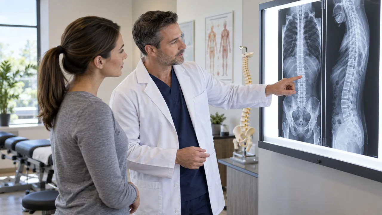 Chiropractor pointing to a spinal X-ray on a lightbox while a patient looks on