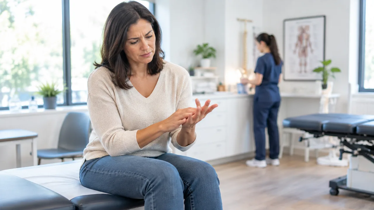 Woman seated on an exam table rubbing her tingling hand while a clinician works in the background