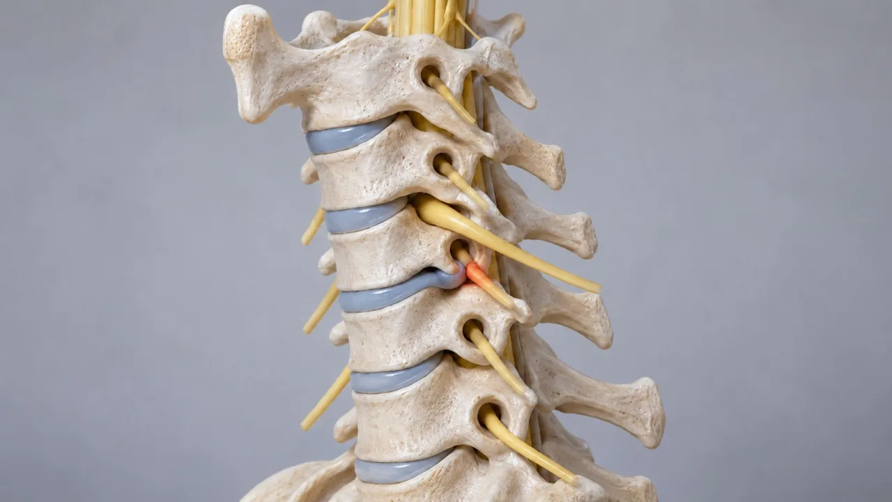 Anatomical model of cervical vertebrae showing a nerve root compressed by a bulging disc