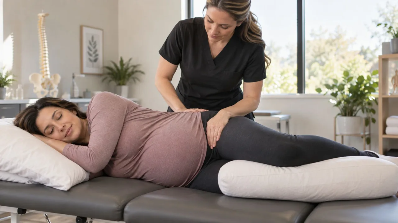 Pregnant patient lying on her side on a treatment table with a practitioner's hands at her hip and lower back